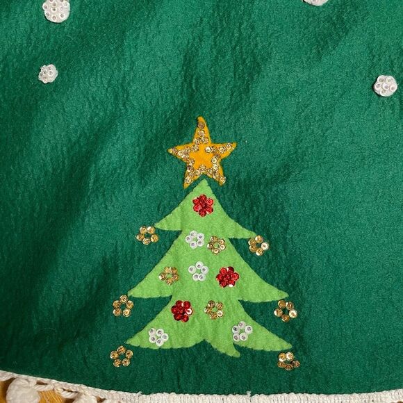 Bucilla Jeweled Christmas Tree Skirt Vintage Noel Handmade Santa Snowman Green - Picture 5 of 13